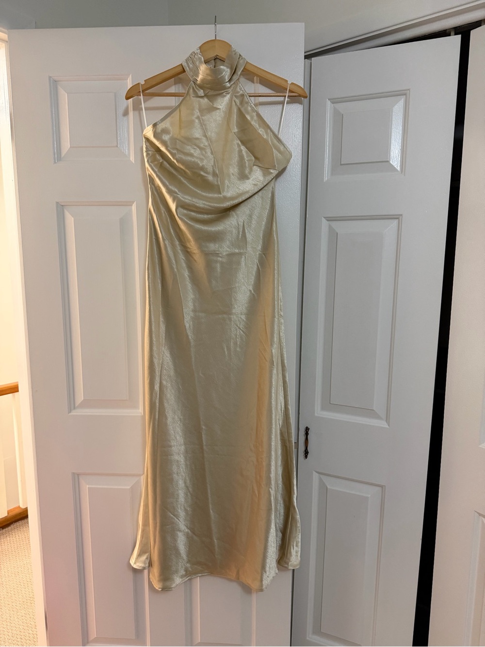 Cider Champagne Satin High-Neck Maxi Slip Dress with Pearl Detail Back